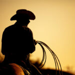 cowboy with lasso silhouette at small-town rodeo. Note: added grain.