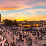 Jamaa el Fna market square in sunset, Marrakesh, Morocco, north Africa.