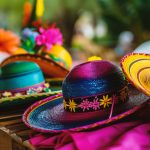 Traditional mexican hat with colorful flower decoration on the table.