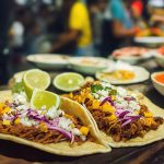 Delicious tacos mexican with meat, red onion and lime