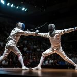 Two men wearing fencing gear engage in a fierce duel as a crowd