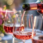 Close up view of rose wine being poured into a glass during a su