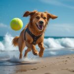 Energetic dog playing fetch with a tennis ball on a sandy beach near ocean waves under a sunny blue sky
