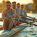 A group of athletic men in sunglasses are rowing and sailing a b