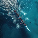 Aerial drone top ultra wide panoramic view of sport canoe rowing synchronous team of athletes competing in deep blue sea