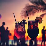 Two cocktails are shown with blurry beach party guests and a gorgeous sky at sunset. Luxury outdoor leisure soothing and beautiful hues and hazy partygoers on a summer night