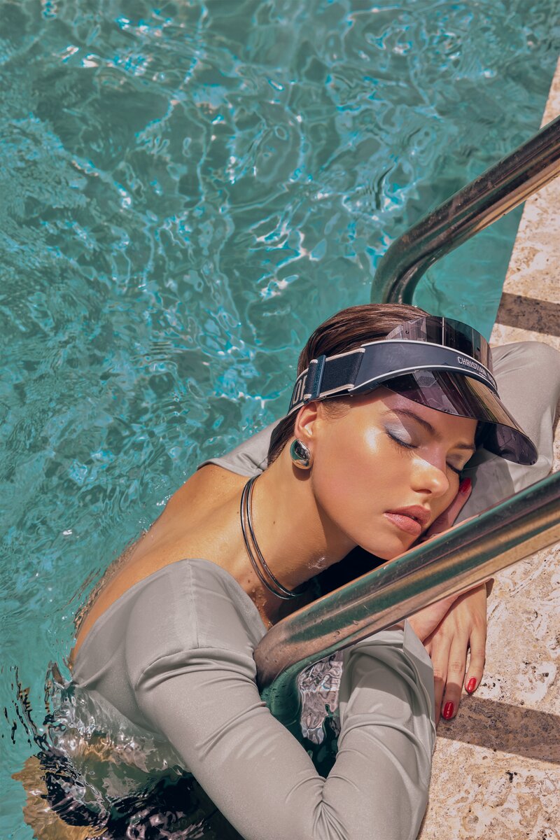 Forever Summer fashion editorial — Swimwear: Maty Machado, Jewelry: Denise Pacini, Oblique Visor: Dior, Makeup: Dior Beauty